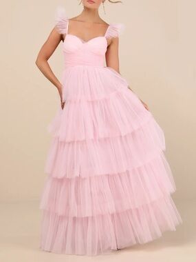 Lulu’s Fabulous Poise Light Pink Tulle Ruffled Tiered Maxi Dress